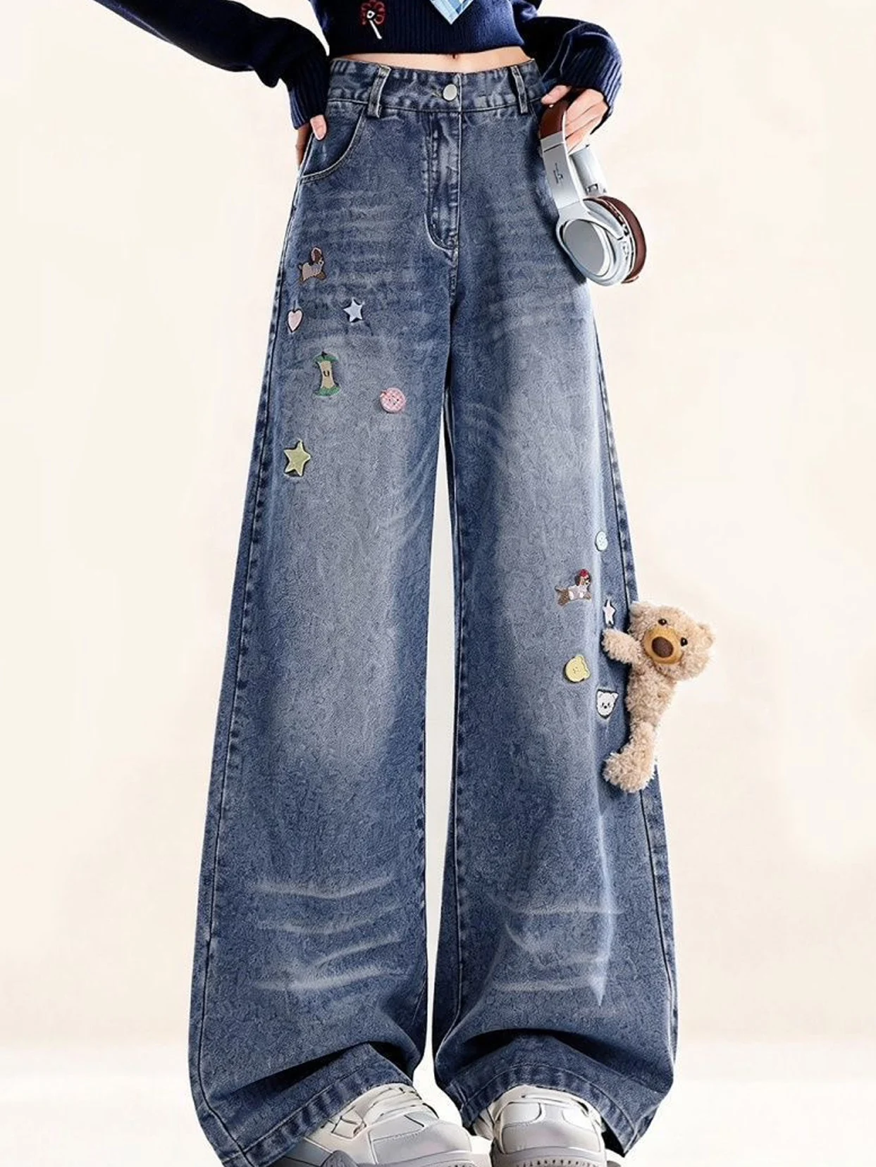 American Style Embroidered Bear Pendant Wide Leg Jeans Women's Autumn New Design Button Sensation Floor Length Pants