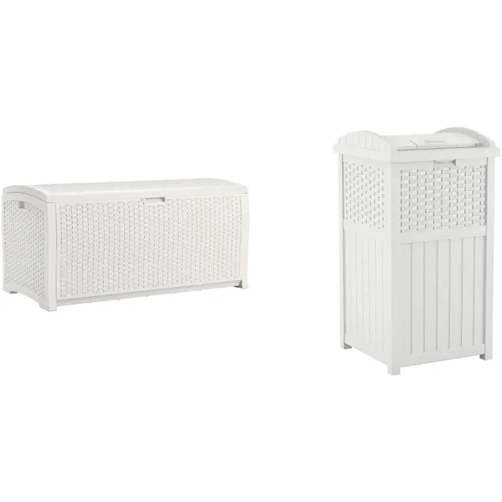 99 Gallon White Resin Wicker Outdoor Storage Box - Weatherproof Patio Container & 33 Gallon Resin Outdoor Trash Bin with LidTime