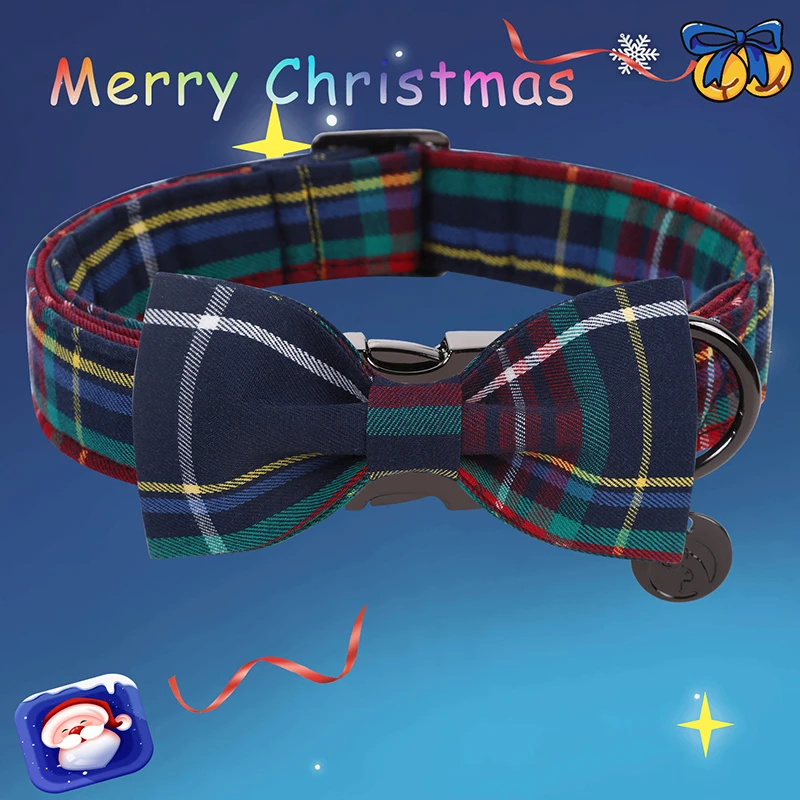 Unique Style Paws Engraved Christmas Dog Collar with Bow Blue Red Plaid Puppy Collar Flower Dog Collar Large Medium Small Dog