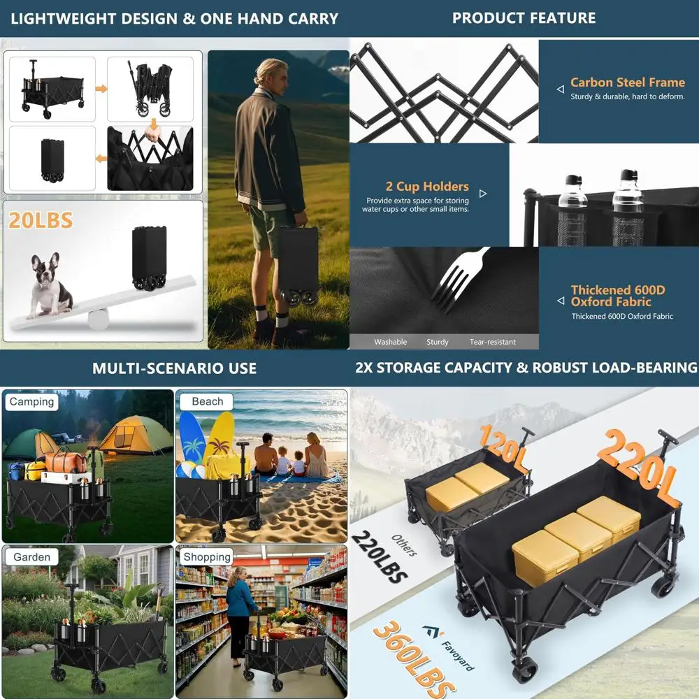 

Portable Folding Wagon - 220L & 360LBS Capacity, All-Terrain Wheels, Brakes, Outdoor Utility Cart for Grocery, Camping, Shopping