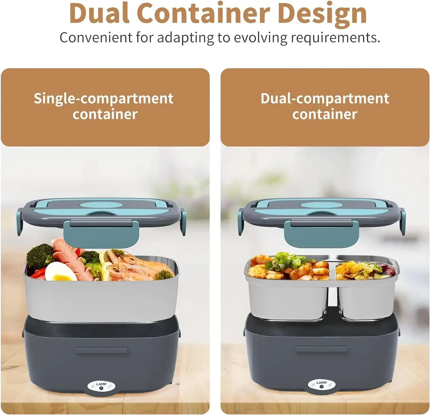 Electric Lunch Box Food Heater ,80W Fast Heating Lunch Box (12V/24V/110V), Dual 1.5L SS Containers, Portable Food Warmer