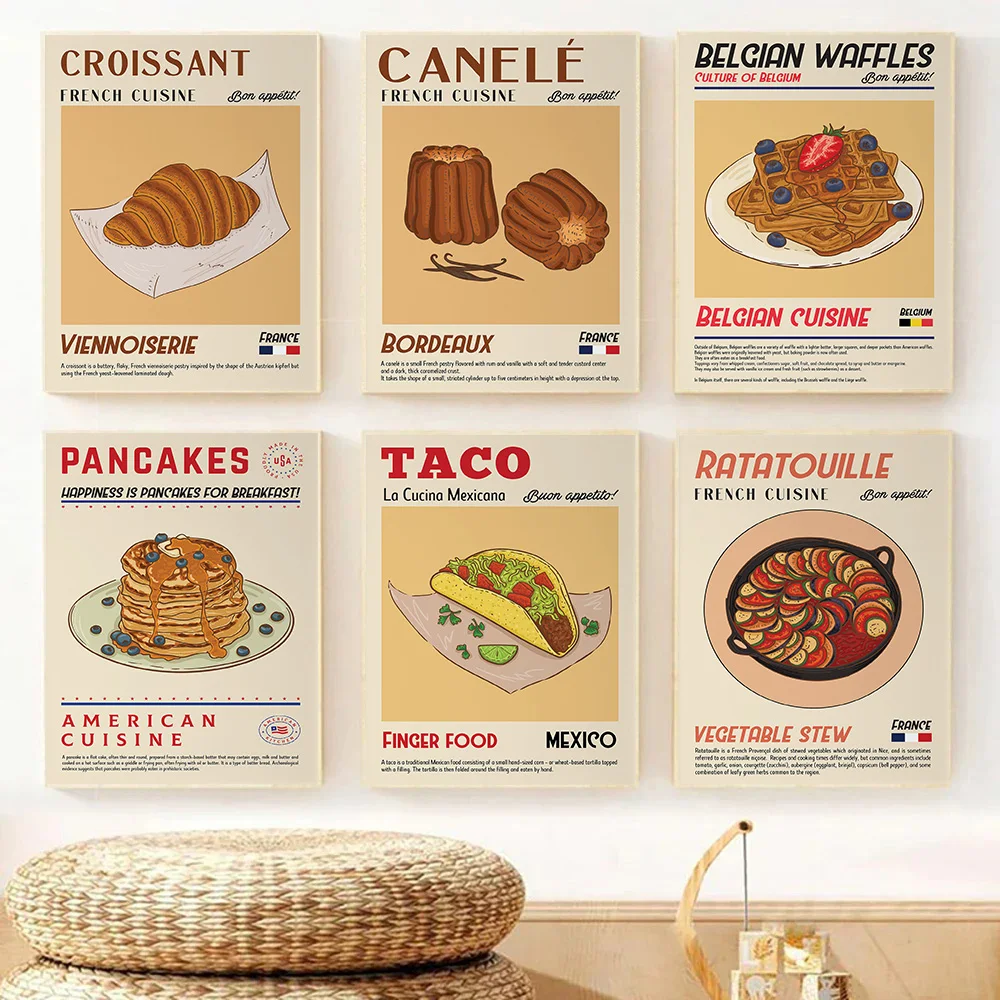 French Food Dessert Cuisine Croissant Mexican Taco Cartoon Poster Canvas Painting Wall Art Pictures Kitchen Bar Home Decor