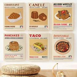 French Food Dessert Cuisine Croissant Mexican Taco Cartoon Poster Canvas Painting Wall Art Pictures Kitchen Bar Home Decor