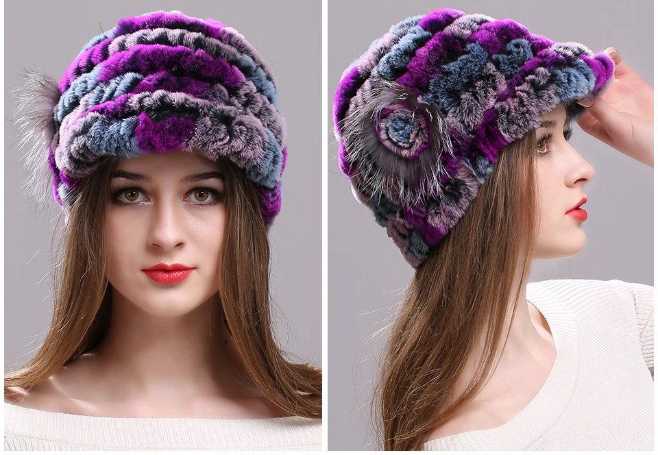 Winter Pelz Hüte für Frauen Rex Kaninchen Fell Elastische Gestrickte Hut mit Blume Pelz Hut Großhandel Baseball Kappe Weibliche Echtpelz Bonnets – Detail 6