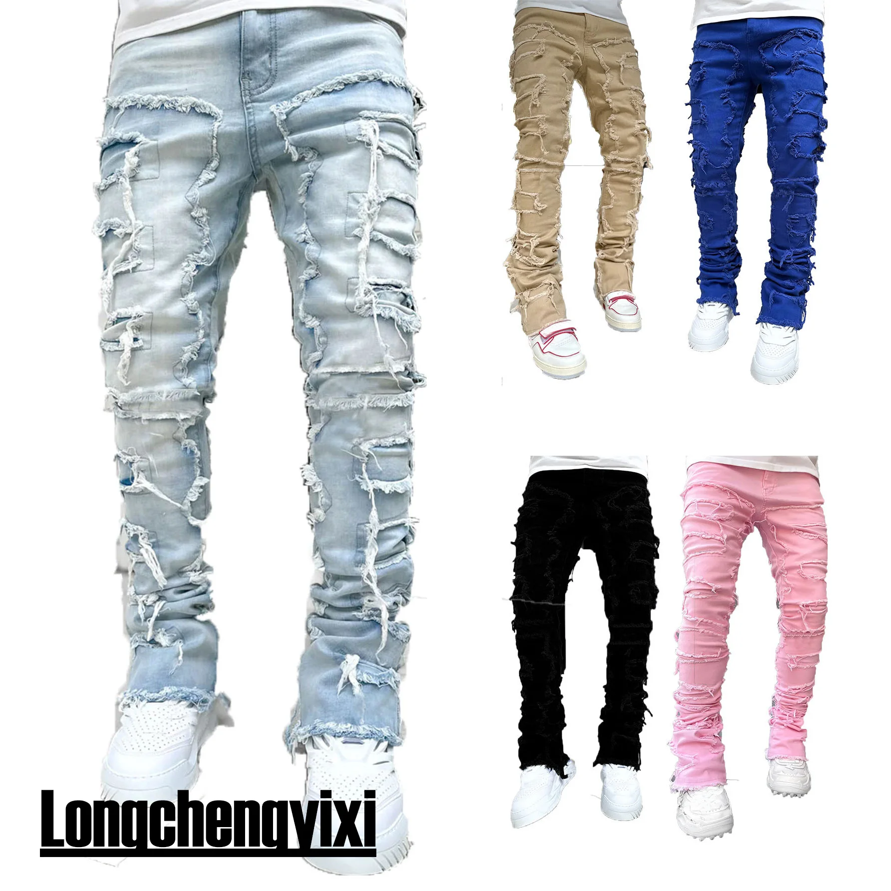 Jeans empilhados de ajuste regular masculino, Patch Slim Fit rasgado, Calça jeans reta destruída afligida, Hip Hop Streetwear calça pano