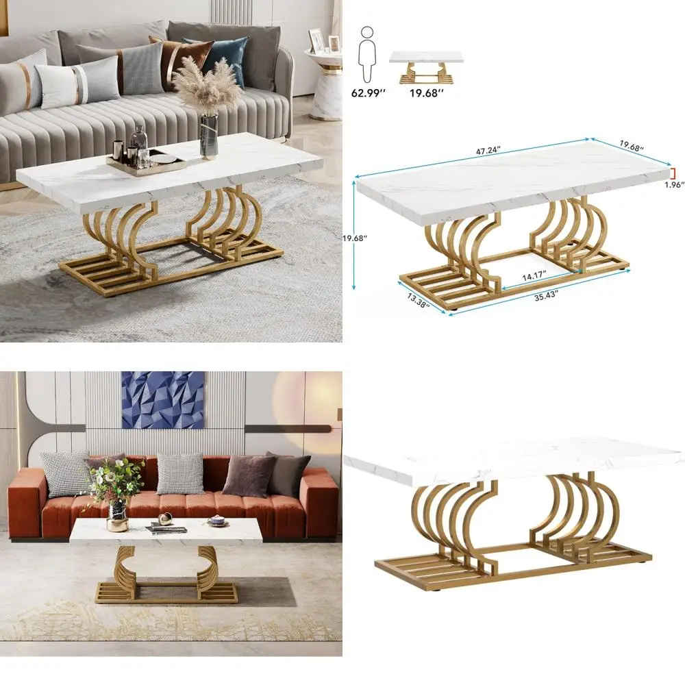 

Rectangular Faux Marble Coffee Table with Geometric Frame, 47 Inch Center Table for Living Room