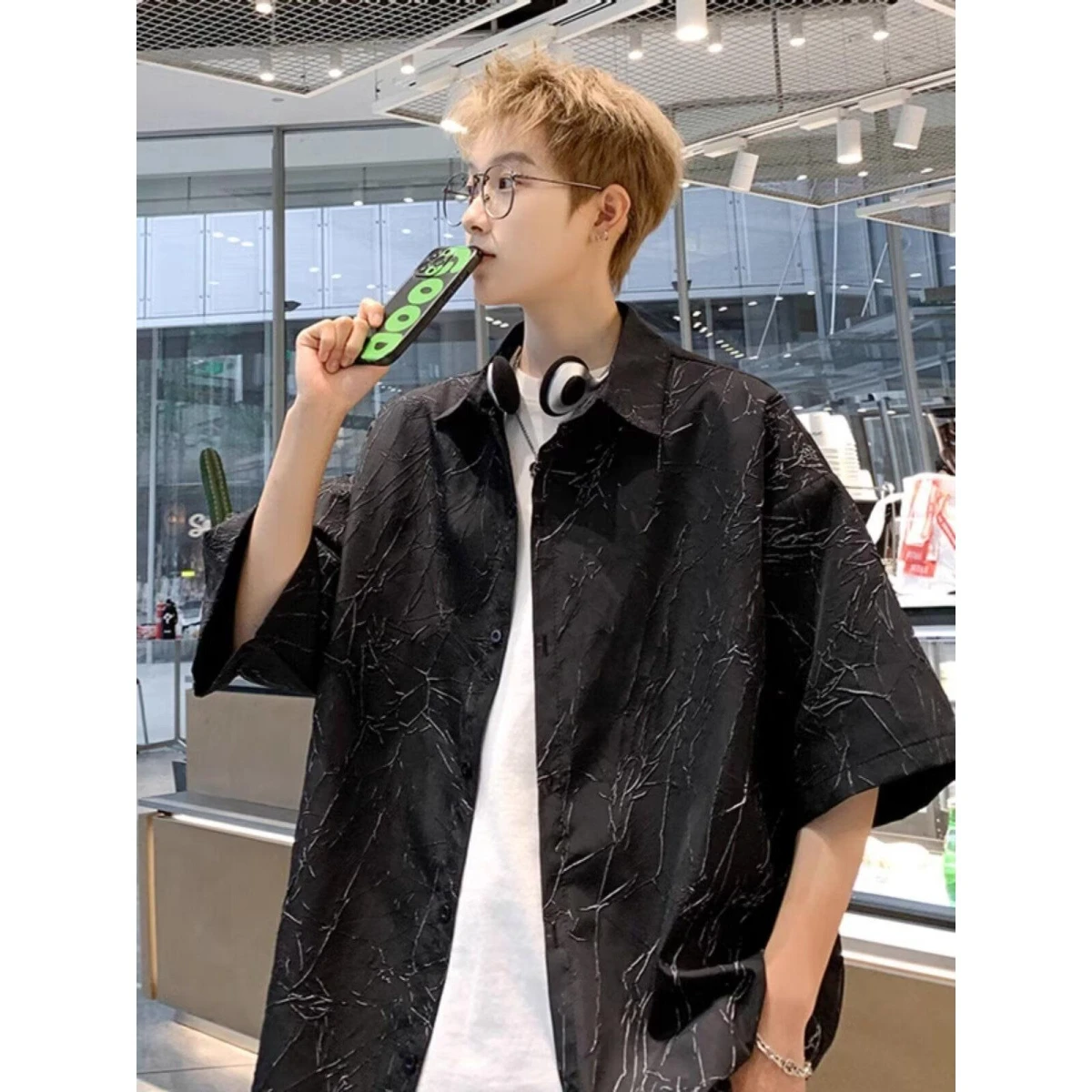 

Textured Short Sleeve Men's Shirt Thin Summer Fashion Brand Top Standard Fit Youth Popular Daily Wear Polyester Fiber CS48