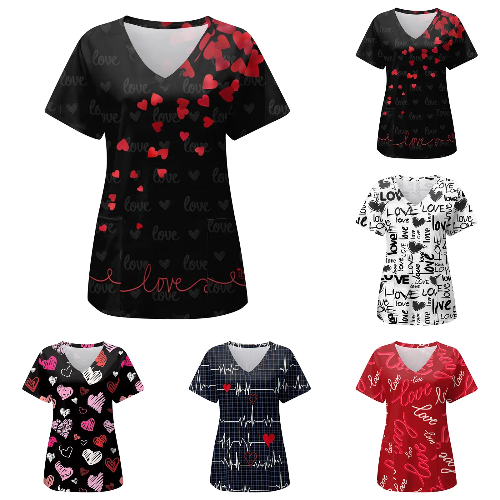 Heart Print Womens Nurse Tunic Scrubs Oversize Working Accessories Ladies V Neck Healthcare Beauty Salon Shirts Surgical Blouses