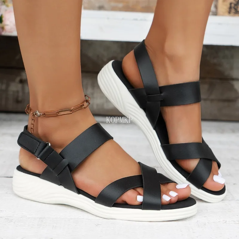 Women Sandals Fashion Cross Trend Anti-slip Wear Comfortable Matching Sole Pure White Shoelace Wedge Sandals Platform Sandals