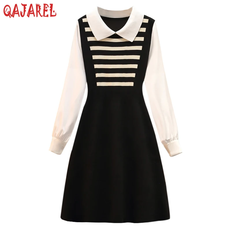 2024 Black Korean Vintage Hepburn Casual Dress Autumn Winter Knitted Patchwork Striped Polo Collar Dress Women Office Lady Dress