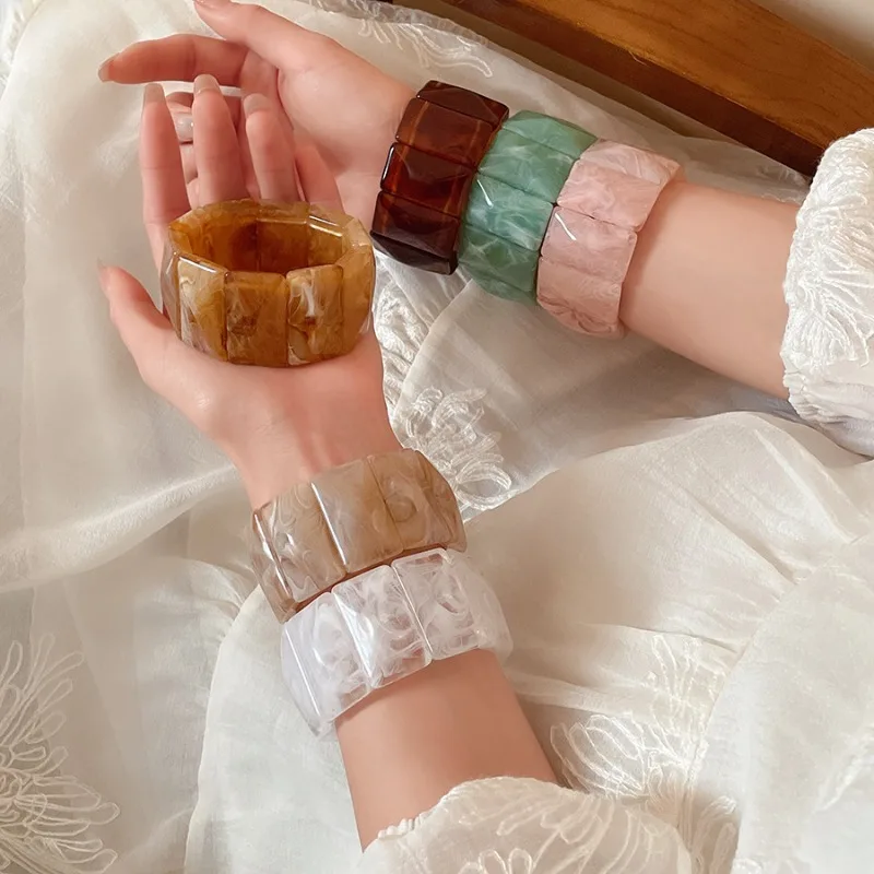 Rectangular Elastic Rope Acrylic Bangles for Women European and American Exaggerated Retro Resin Bangle High-end Wristband M