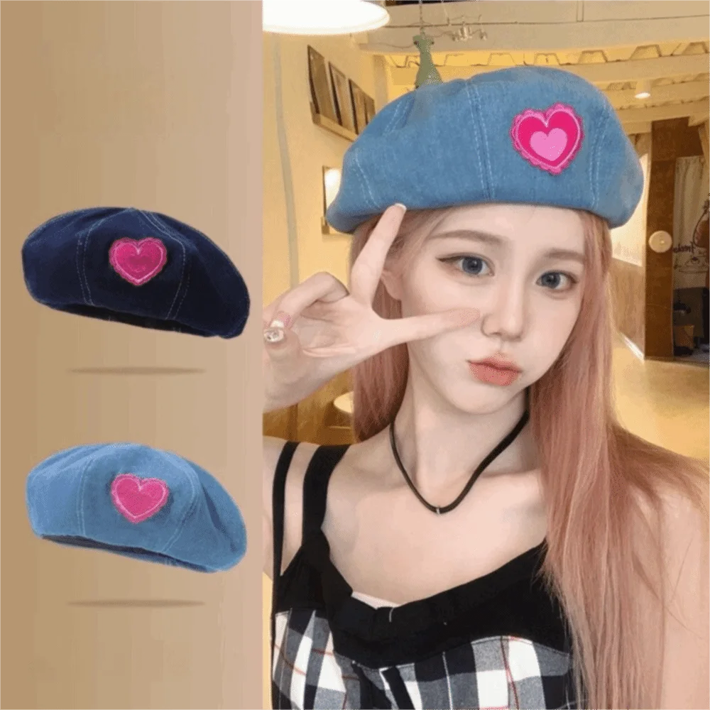 

Retro Denim Berets Hat Cherry Sweet Artist Berets Heart Adjustable Peaked Cap Spring Autumn