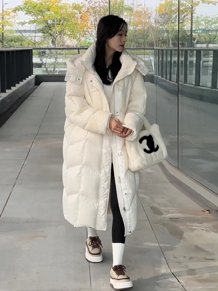 패셔너블한 화이트 다운 재킷 여성용 루즈 롱 오버니 코트 겨울 신상 캐주얼 슬림 메모리 원단 테니드 로...