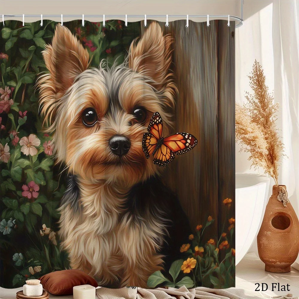 1pc a Shower Curtain Featuring a Beige And Black Yorkshire Terrier, Adorned with a Lively Garden Butterfly, a Rustic Fence, And