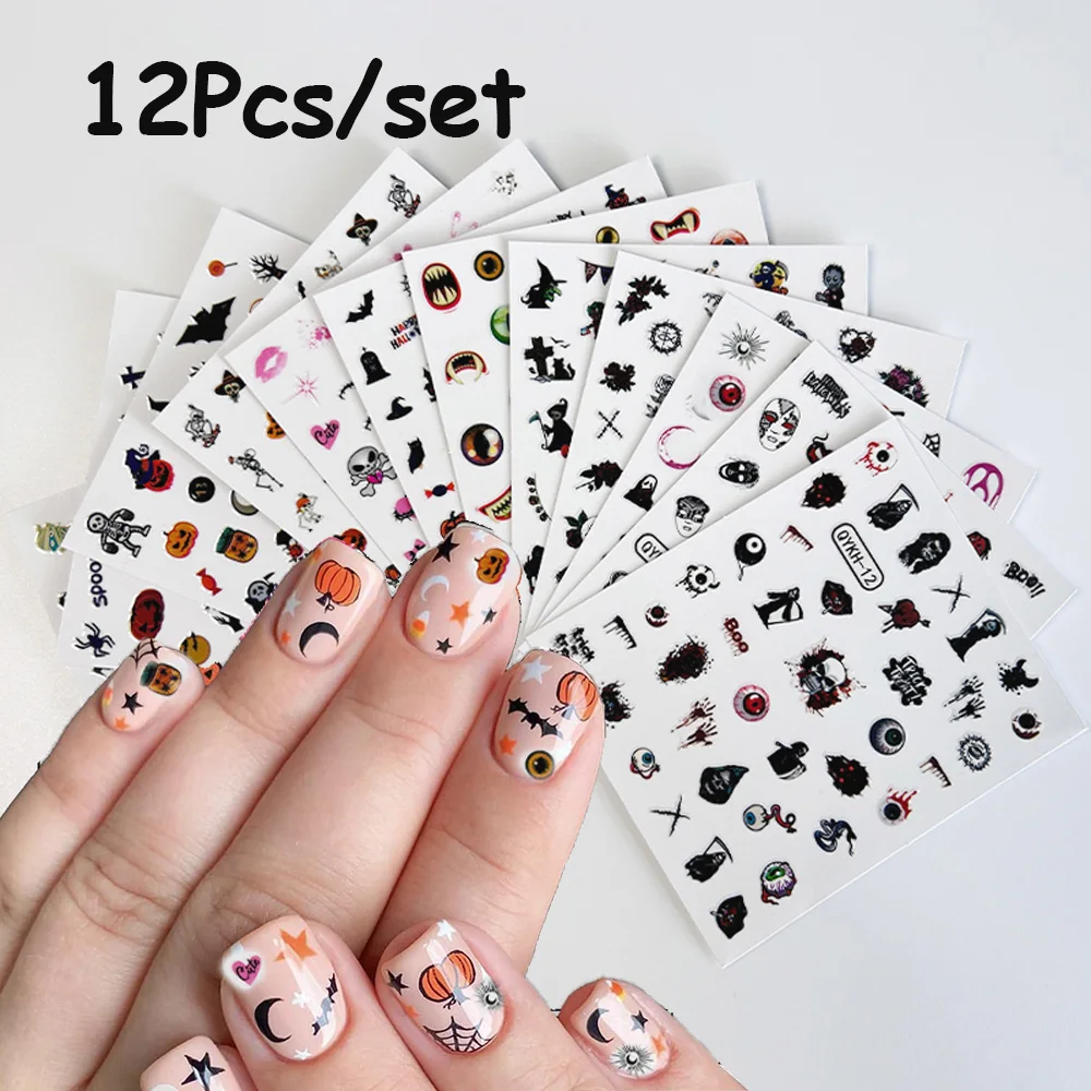 12Pcs/set Halloween Nail Art Stickers Cute Ghost Pumpkin 3D Skull Ghost Nail Slider Evil Blood Spider Nail Decals Nail Art Decor