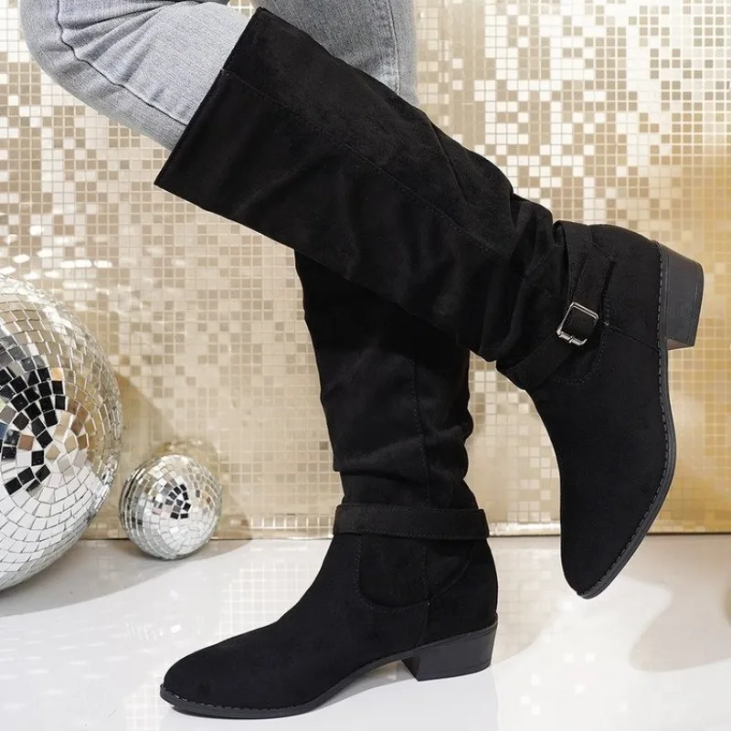 

Sleeve High Boots Fashion Round Toe Suede Pleated Metal Buckle Soft Sole Non-slip Wear-resistant Block Heel Shoes