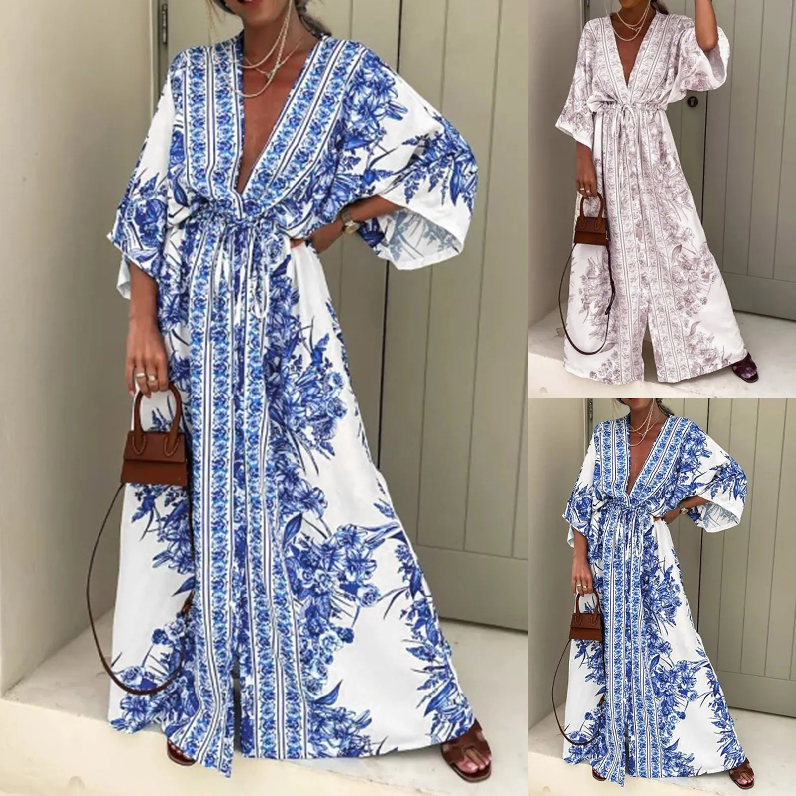 

Dress For Lady Summer Elegant Bohemian Causal Fashion V Neck Half Sleeve Ankle Length Sundress Lace Up Style Printed Dresses