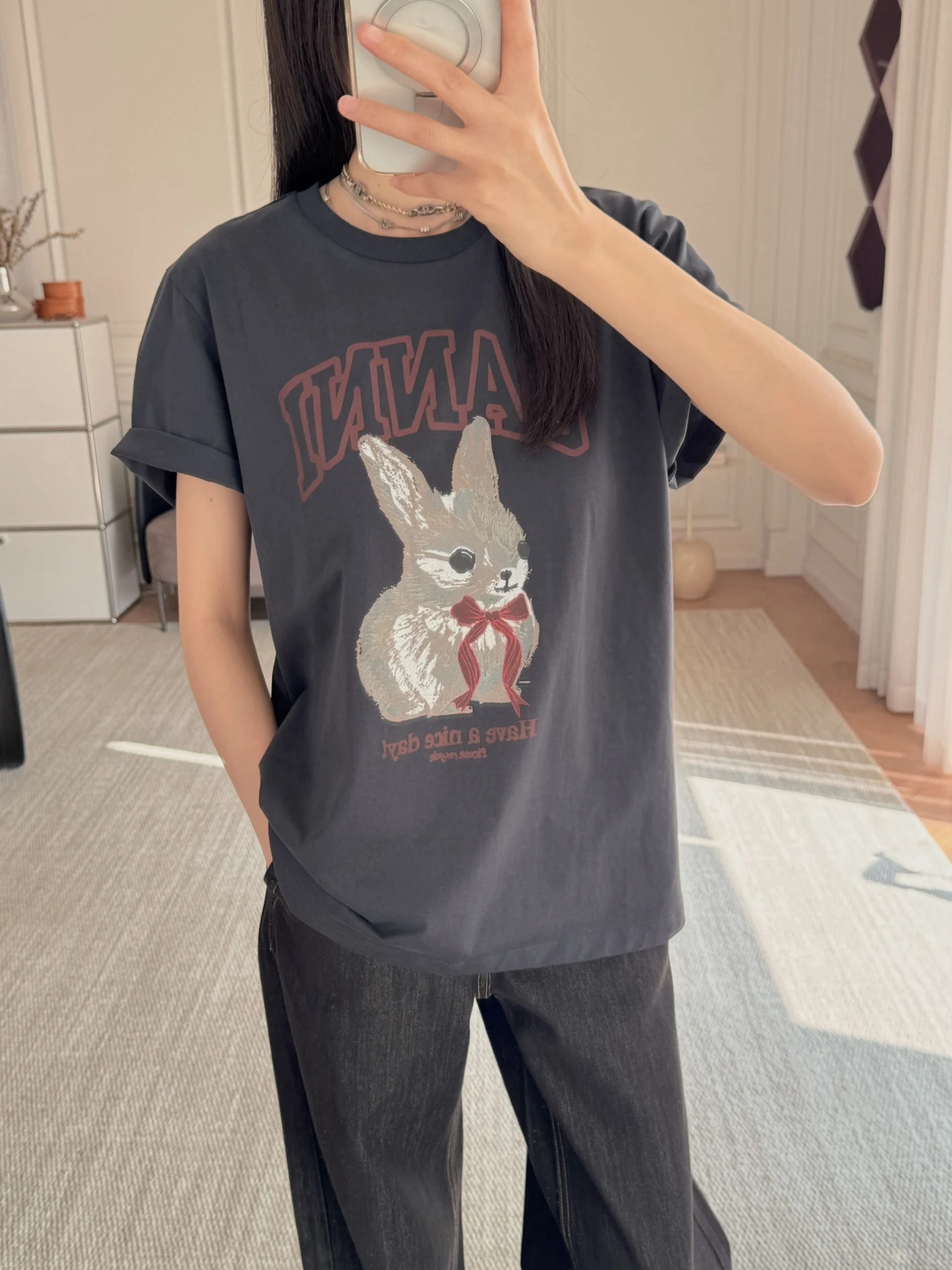 

Cute Little Rabbit Bow Tie Print Loose round Ne ort Sve T-irt 00% Cotton Comfortable Breathable Women's Top