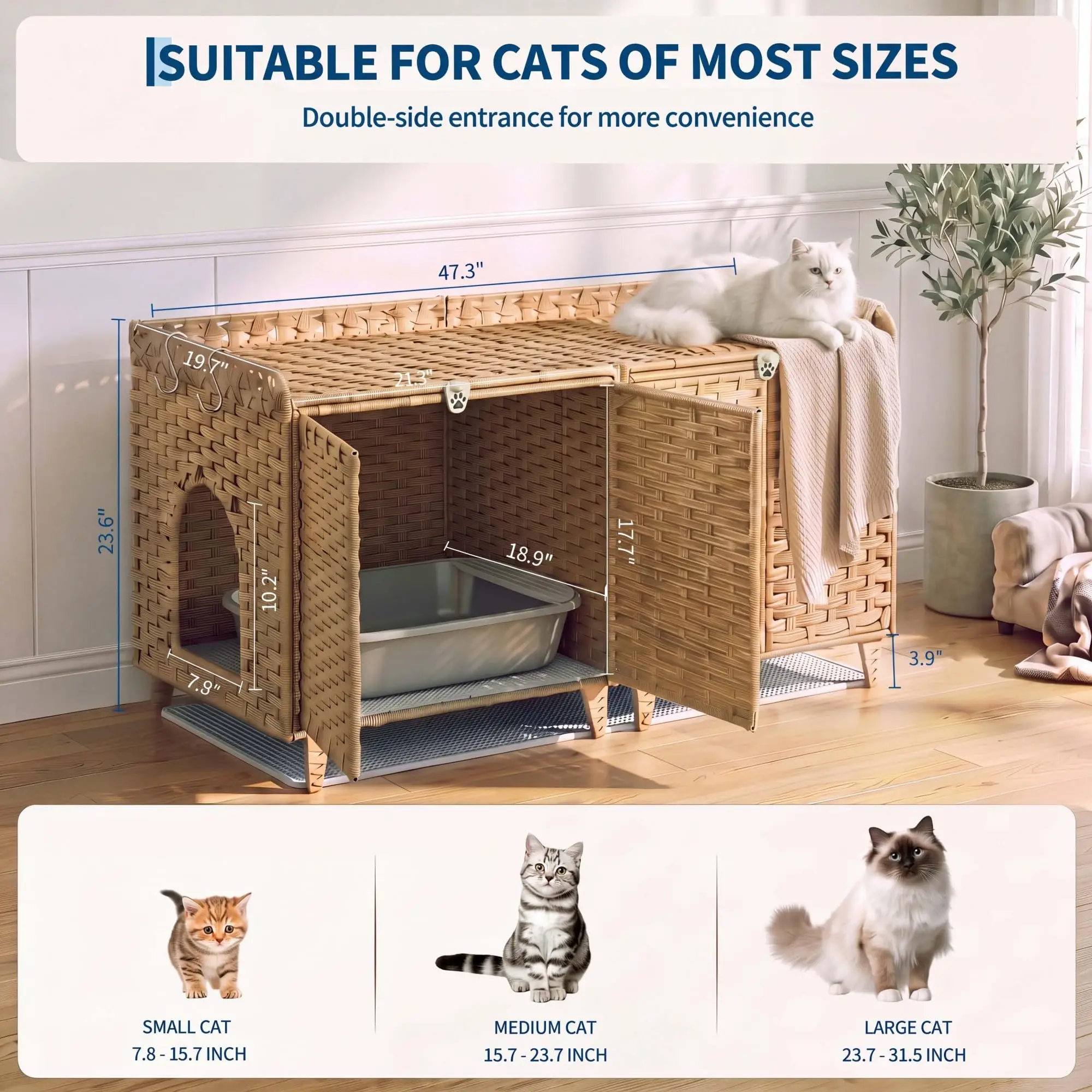 Hidden Rattan Cat Litter Box Enclosure for 2 Cats – Odor-Free, Easy-Clean Wicker Cabinet with Airflow Vents – Natural Wood