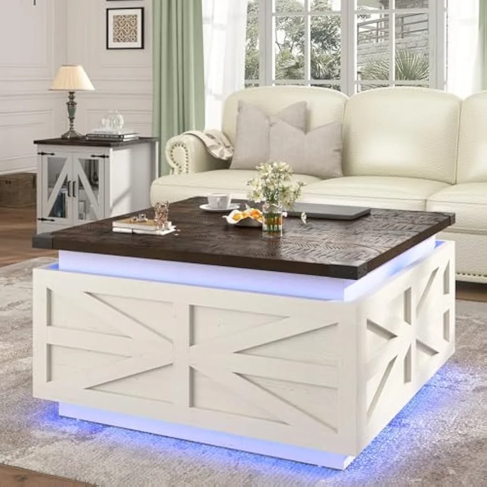 35.8" Farmhouse Lift Top Coffee Table with Storage，Square Coffee Table with LED Lights，Wood Square Center