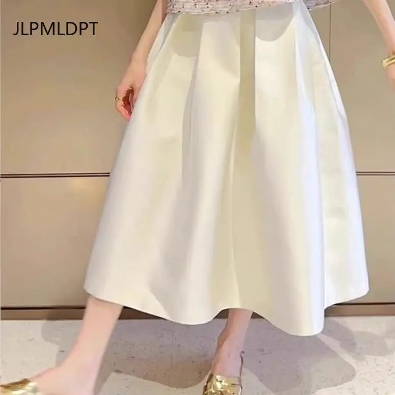

French white satin women's summer 2025 new small a-shaped high-waisted umbrella skirt medium and long skirt