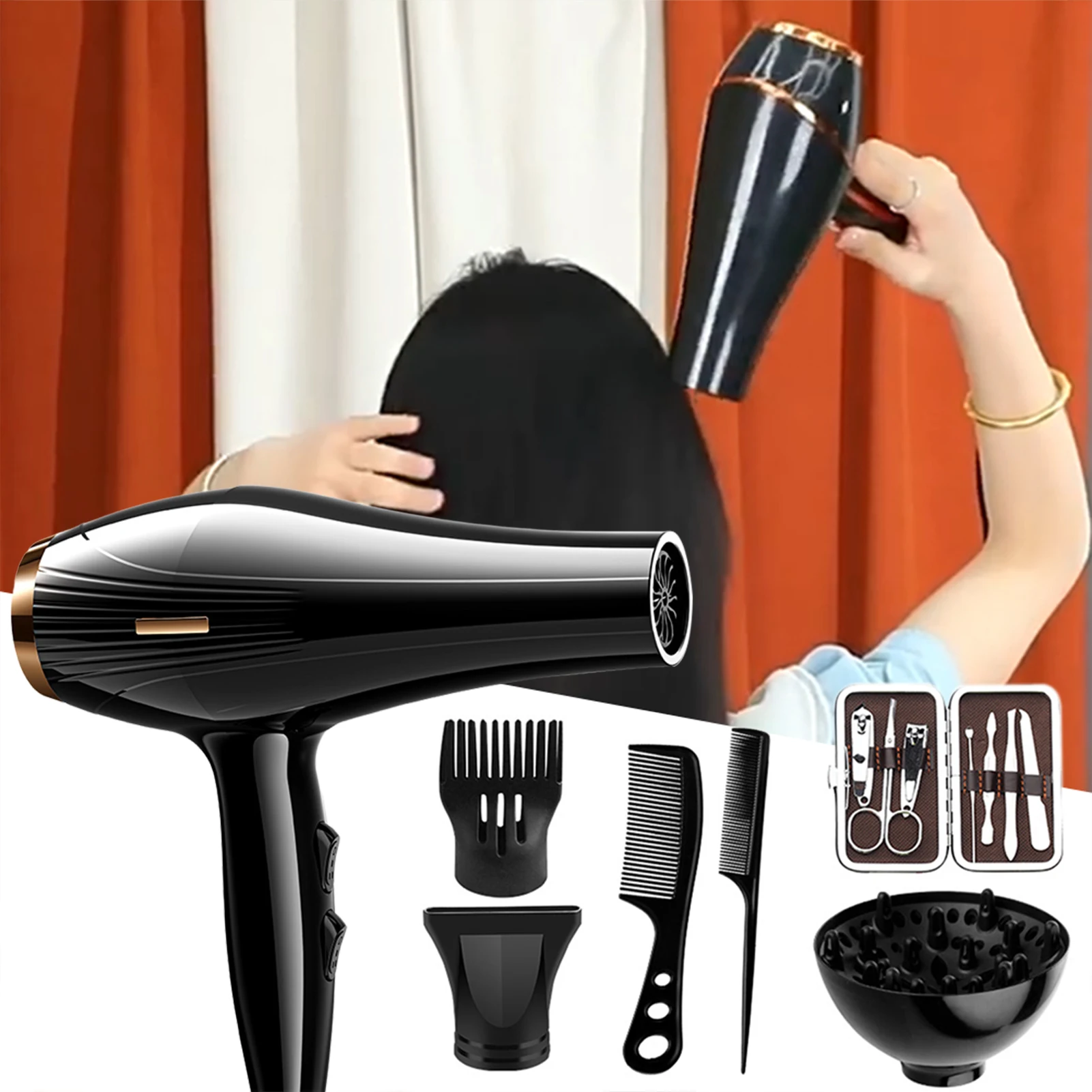 800W Hair Dryer Professional Negative Ion Blower Home Use Hot Cold Blow Drying Salon Blower Diffuser Concentrator Nozzle