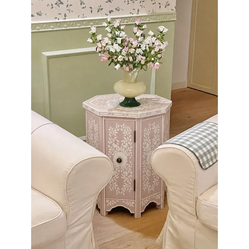 Medieval cream wind pink bedside table, bedroom, single door octagonal cabinet, storage edge, retro pattern bedside side cabinet