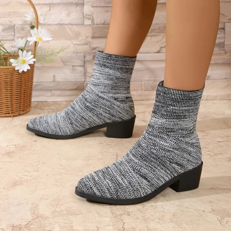 Shoes for Women 2024 Hot Sale Sleeve Women's Boots Autumn Pointed Toe Mesh Mixed Colors Middle Tube Block Heels Fashion Boots