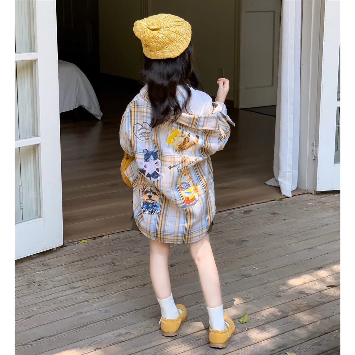 ファッションガールズ韓国チェック柄シャツジャケット春秋キッズかわいい長袖トップトレンディな日常着アウター 1