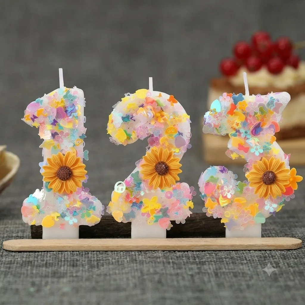 Sonnenblumen-Zahlenkerzen 0-9 Bunte Glitzer-Pailletten Geburtstagstorten-Deko für Kinder Mädchen Party-Dekoration Ästhetisches Zubehör
