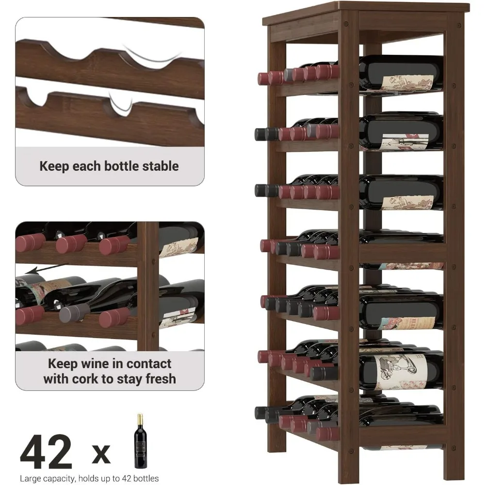 Wine Rack Free Standing Floor, 7-Tier Display Storage Prateleiras, tampo de mesa, bambu, sem oscilações, suporte para garrafas, barra, 42