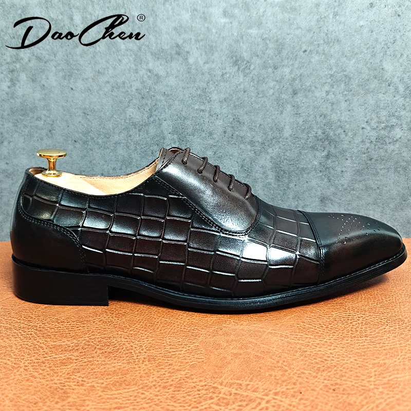 DAOCHEN ITALIAN LUXURY MEN LEATHER SHOES BROWN BLACK CROCODILE PRINT LACE UP CASUAL DRESS MAN SHOE OFFICE WEDDING SHOES FOR MEN