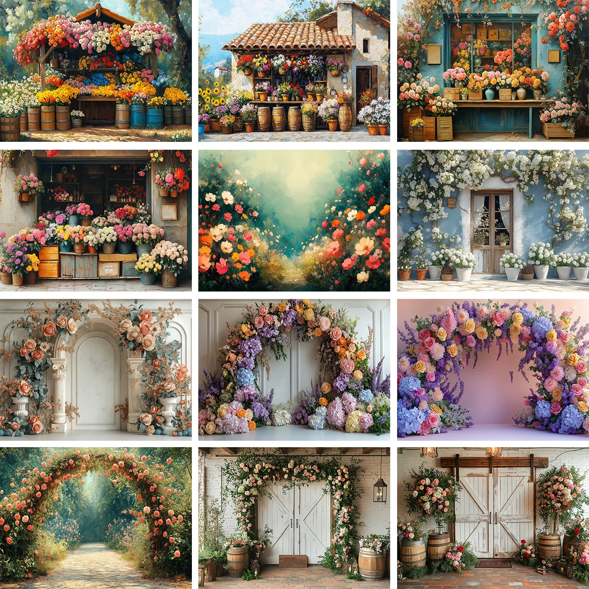 

Rustic White Barn Door Backdrop With Arch Spring Flower Baby Child Photobooth Decor Watercolor Painted Floral Background Banner