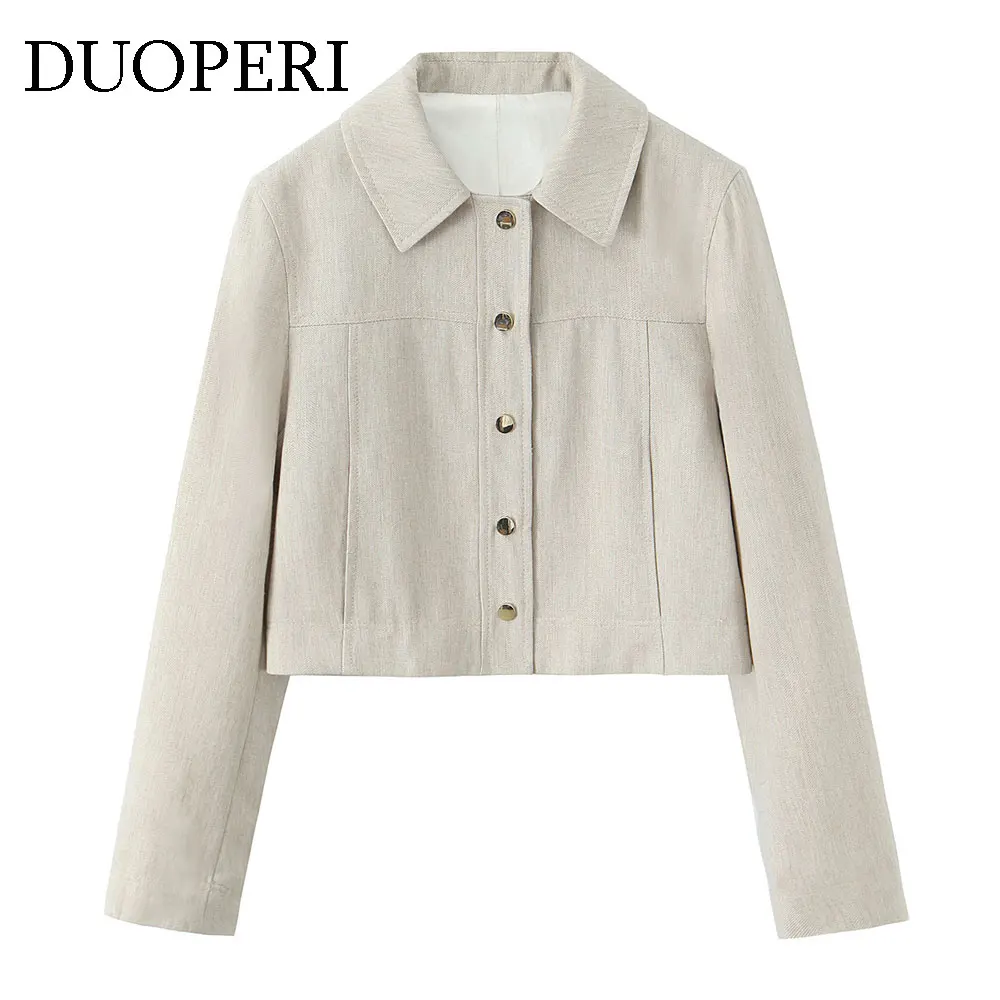 

DUOPERI женские модные бежевые куртки повседневные однобортные короткие топы с длинными рукавами и лацканами, женские наряды