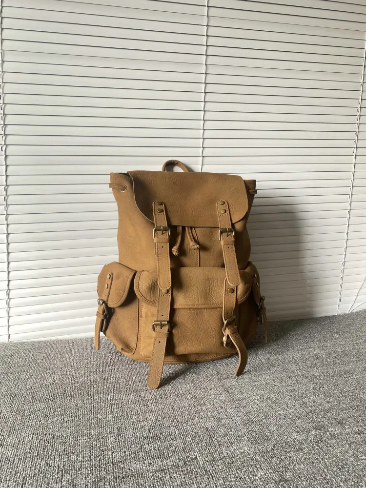 Harajuku Casual Mens Genuine Leather Backpack British Style Drawstring Large Capacity Handmade Vintage Cowskin Travel Backpacks