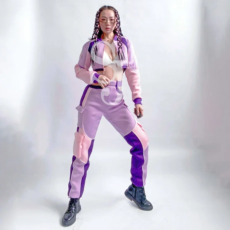Gogo Daner Abiti Costume da festival sexy Donna Abbigliamento jazz Cappotto viola Pantaloni cargo Discoteca Dj Ds Abiti da palcoscenico XS6373