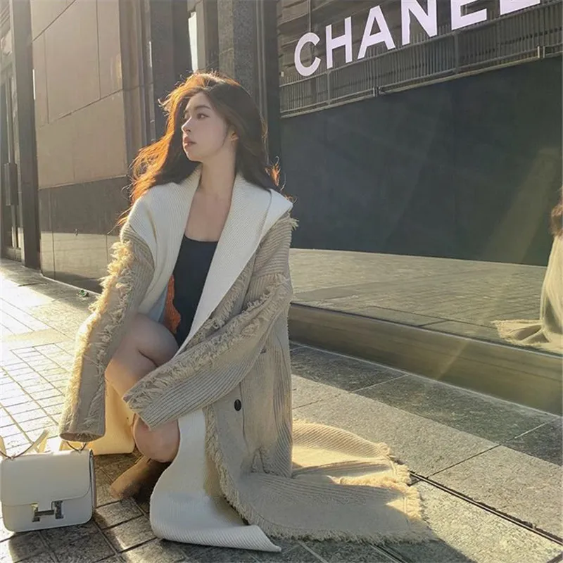 Koreaans Design Met Capuchon En Kwastjes Gebreid Vest Nep Twee Vrouwen Herfst En Winter Lange Losse Casual Dames Trui Streetwear