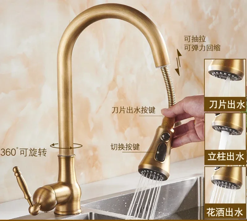 

Kitchen pull-out hot and cold faucet vegetable basin telescopic rotating dishwasher sink anti-splashing antique copper faucet수전