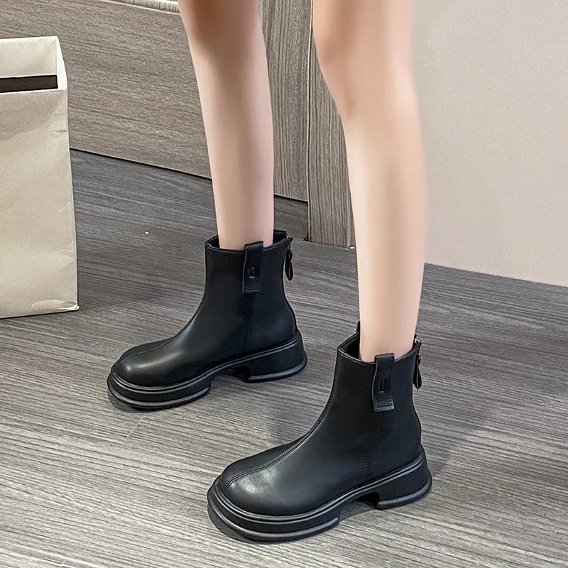 British Style Womens Ankle Boots Square Toe Elastic Soft Leather Rear Zipper Mid Heels Chelsea Boot Black Beige Casual Shoe