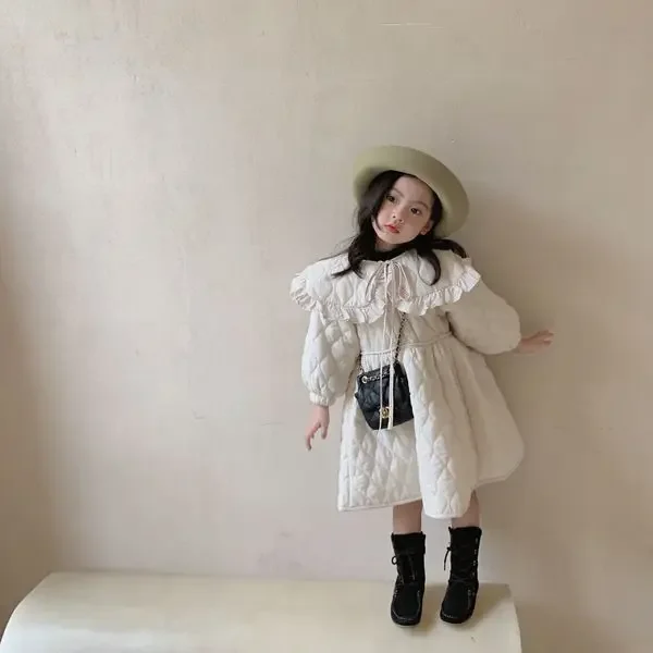 Girls Casual Dresses Korean Childrens Clothing Winter Season New Thickening Turn Dowm Collar Cotton Princess Style Soild Warm