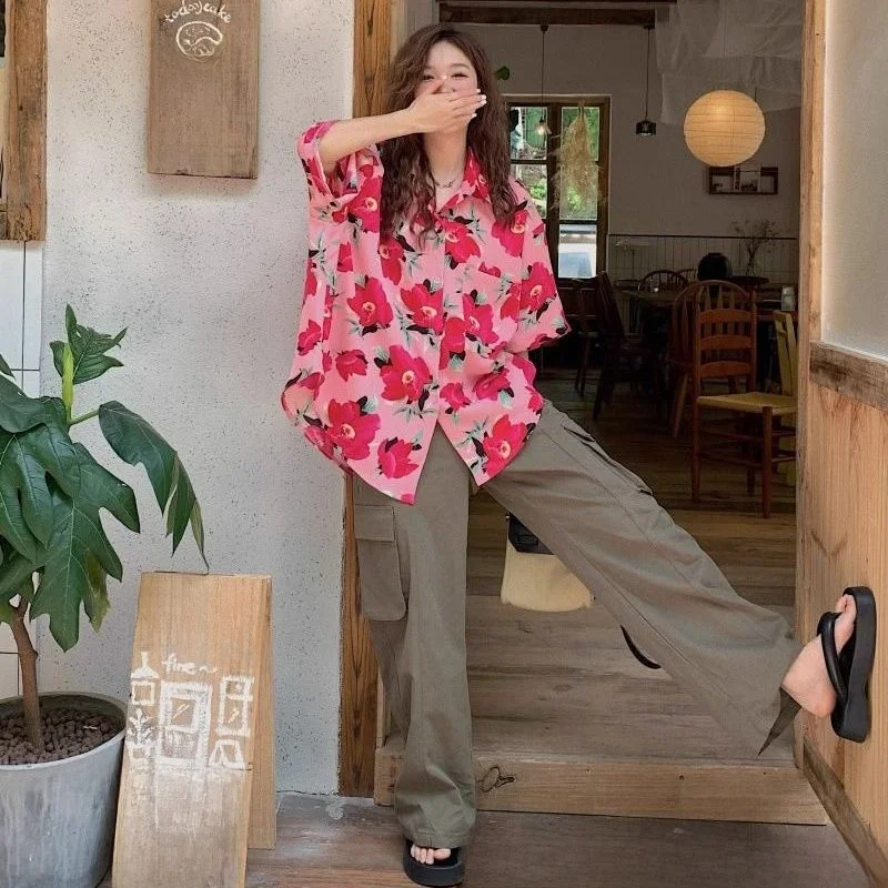 Hawaiian Print Casual Shirt Women's Korean Style Loose Fit Polyester Fiber Short Sleeve Button down Neck Summer Shirt