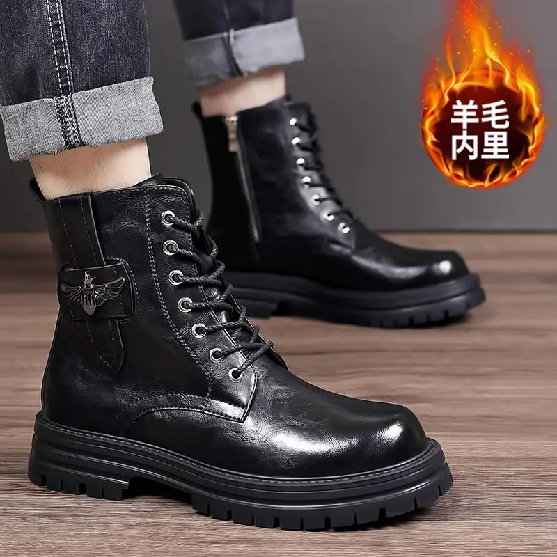 Real Leather Warm Wool Cowboy Boots for Men Thick Sole with Increased Height and Plush British Style Mid Top American Workwear