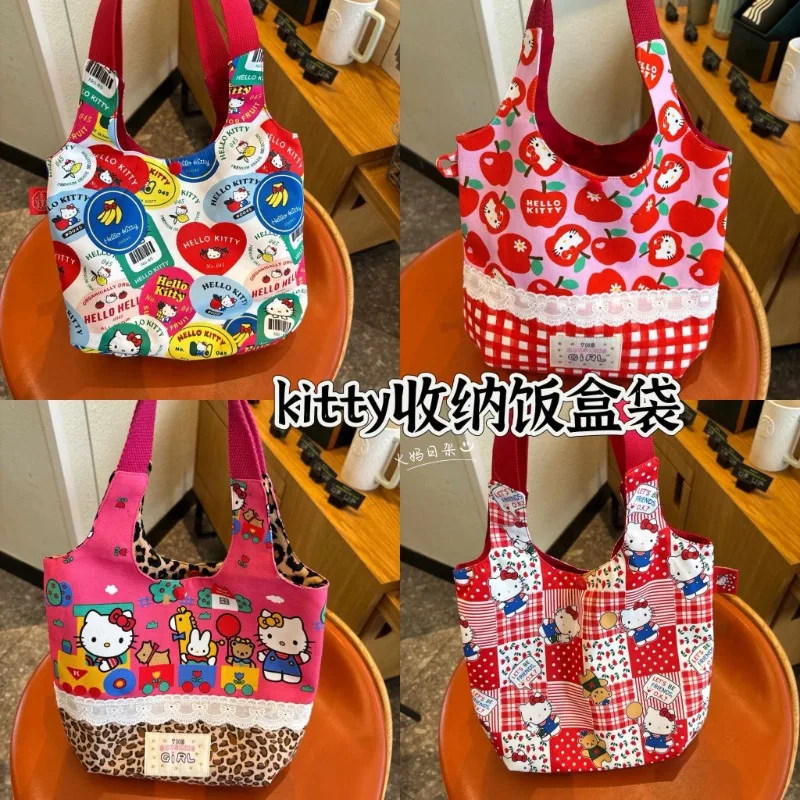 

Handmade Cartoon Train Leopard Print Hellokittys Hand-held Lunch Box Bag Cute Girl Printed Cotton Vest One-shoulder Storage Bag