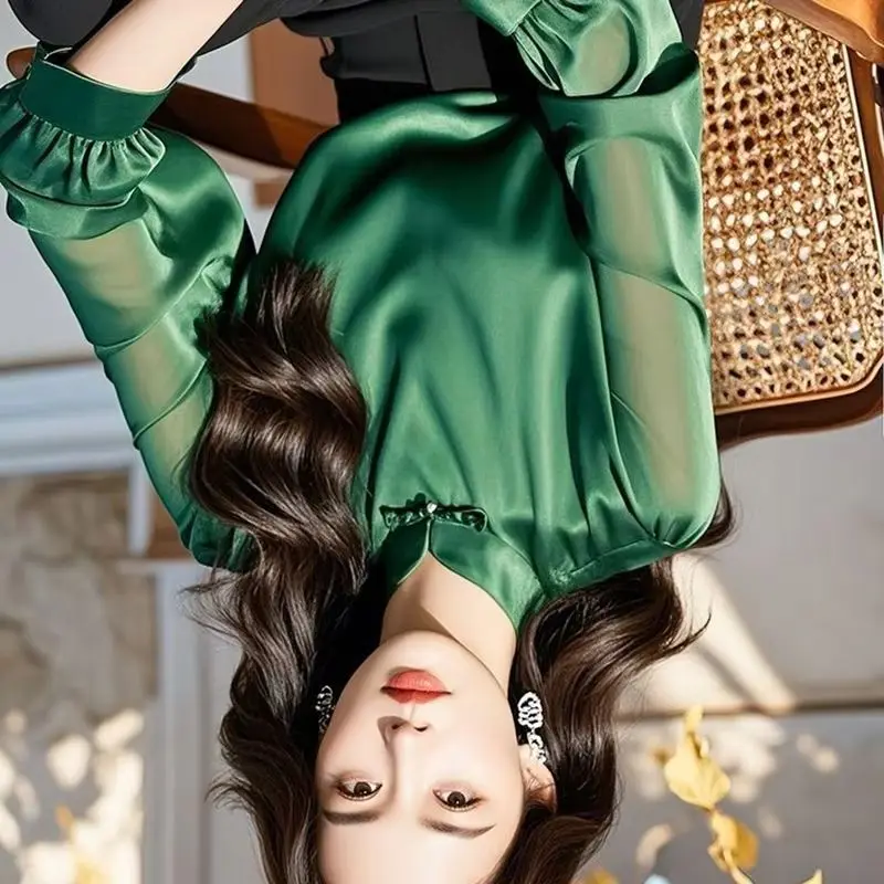 

Elegant Green Satin Shirt for Women Luxury Stand Collar Vintage Pure Color Fashion Blouse with Buttons Chinese Style Spring 2025