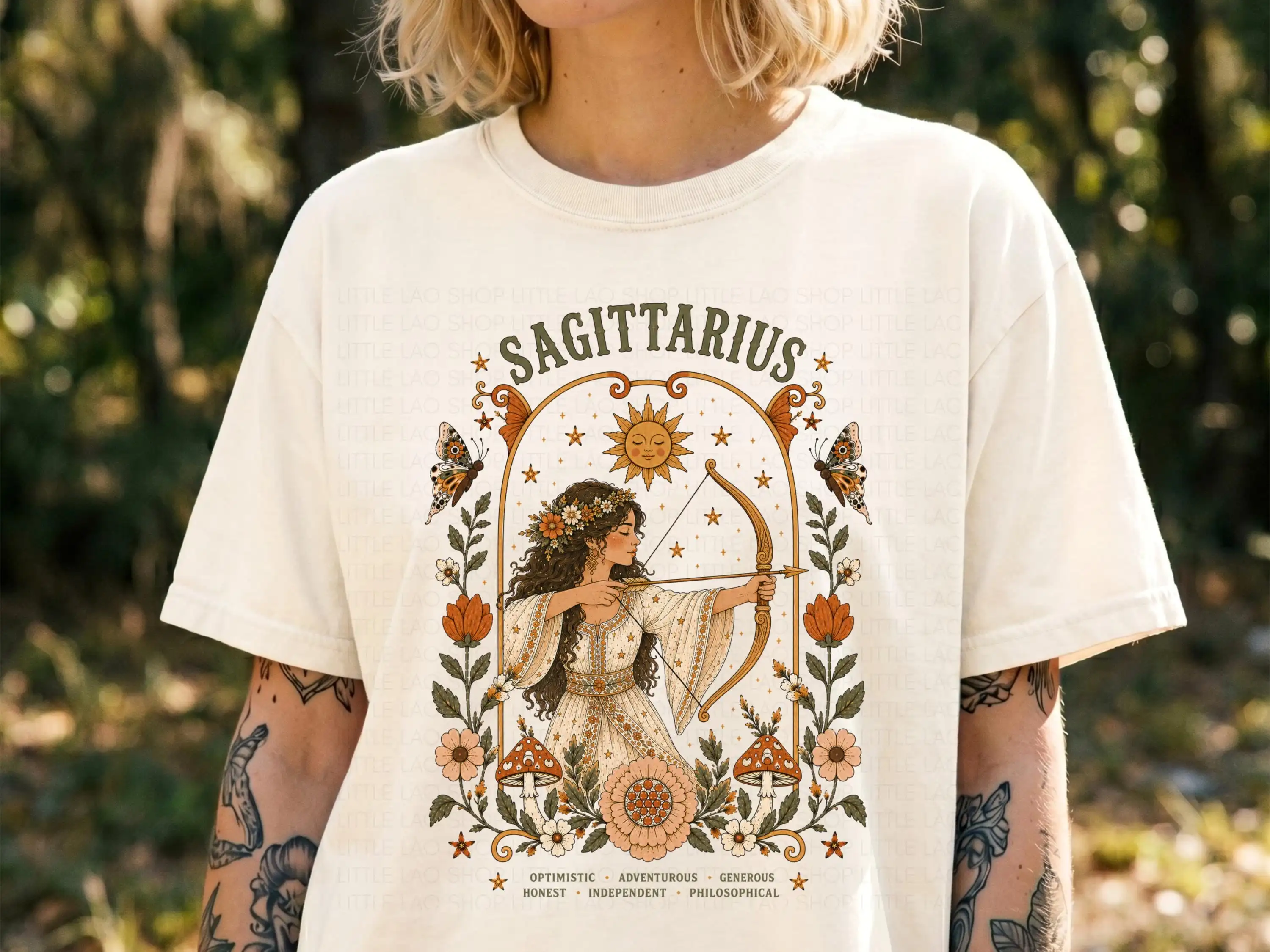 Sagittarius Zodiac Shirt, Boho Celestial Astrology Tee, Vintage Folk Art Horoscope Gift, Archer Birthday T-shirt