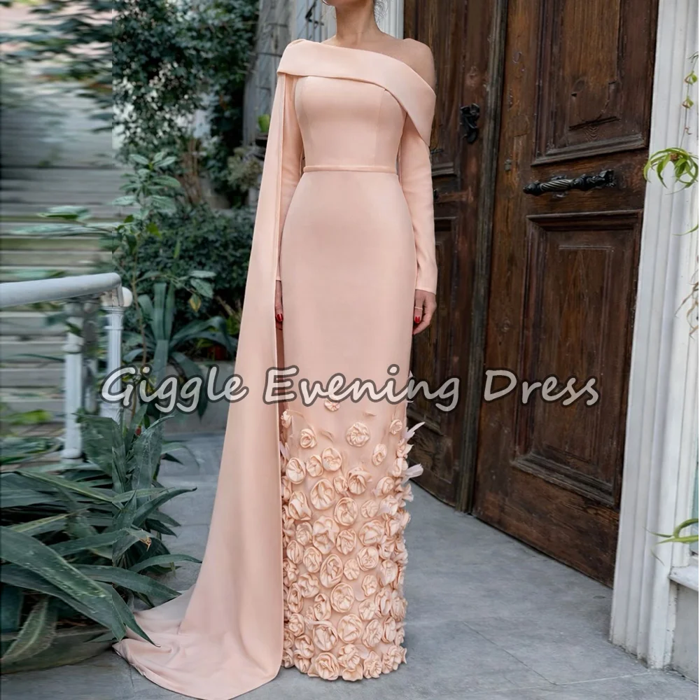 Fashion Jersey Handmade Flower Off-shoulder Evening Dresses Luxury Long Sleeves Mermaid Wedding Guest Formal Dress Customized