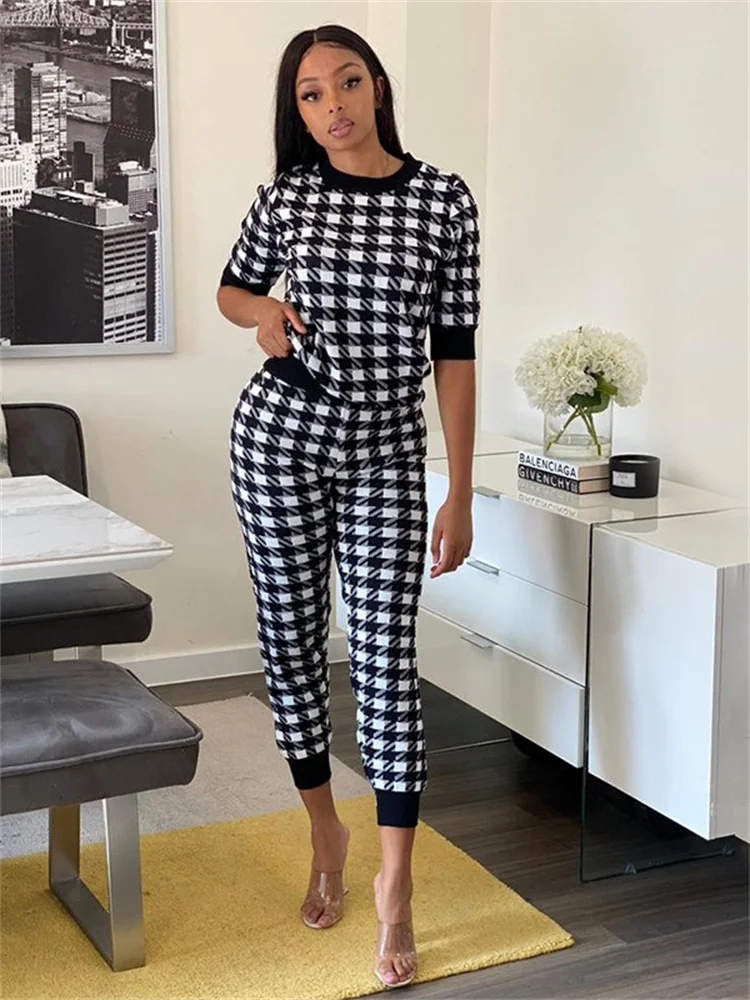 Wmstar 2 Piece Sets Women Clothing Pants Sets Black White Checkered Sports Two Piece Set with Tight Fit Wholesale Dropshipping