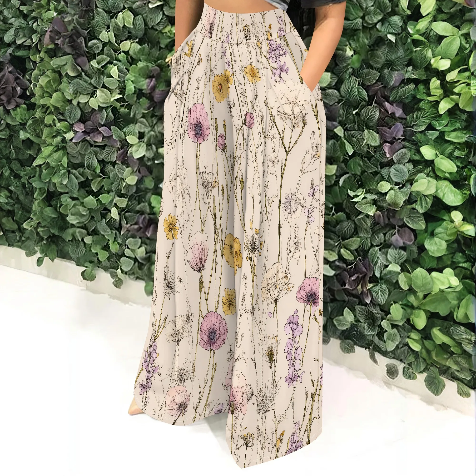 Floral Print High Waist Wide Leg Pants, Botanical Pattern Trousers, Pockets Casual Palazzo, Summer Beach Vacation Wear, S-2XL