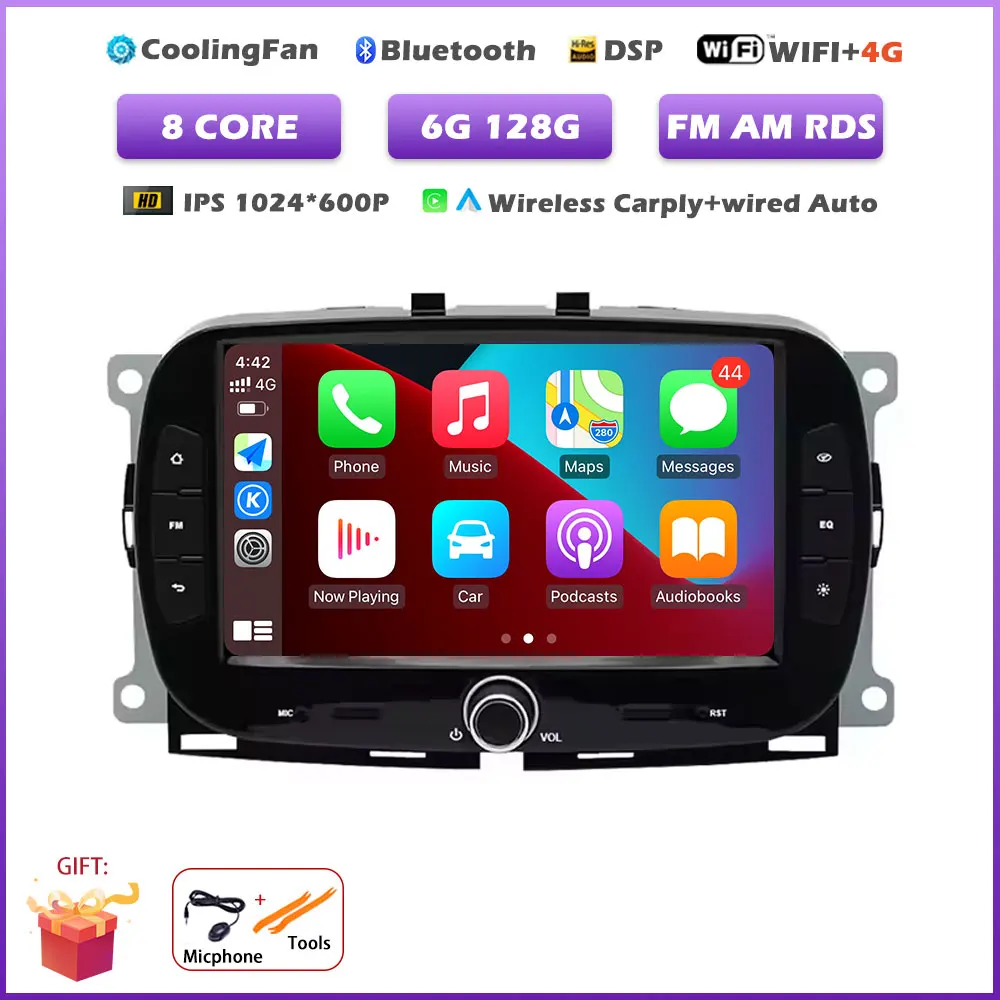 Carplay Android 16 Auto autoradio voor Fiat 500 2016-2019 multimediaspeler met BT stereo, GPS navigatie en FM