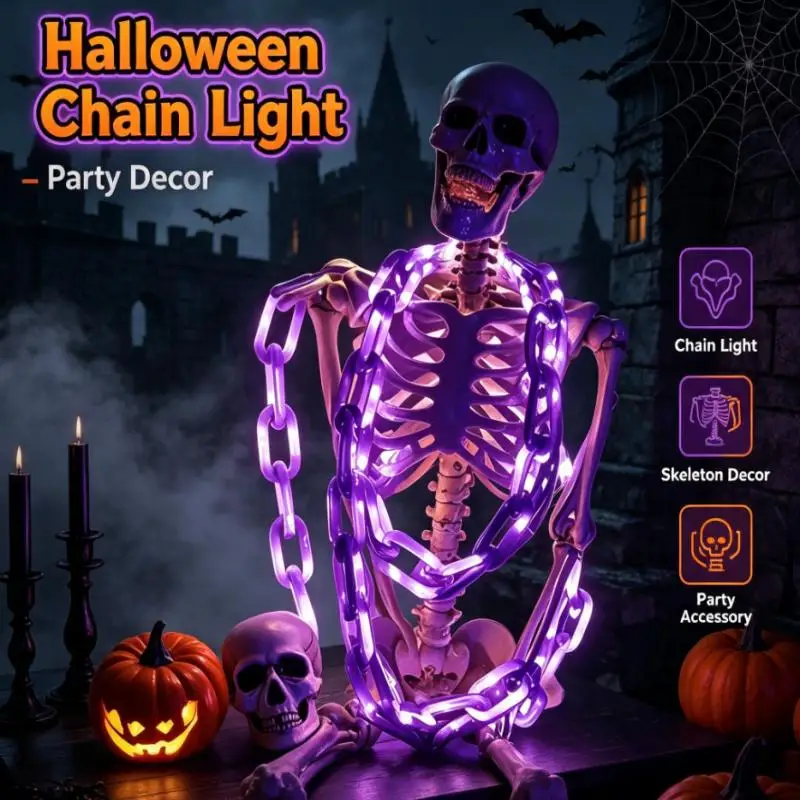 Halloween Battery Box LED Chain Lights Purple String Lamp Skeleton Clothing Accessory Party Decoration Indoor Spooky Atmosphere